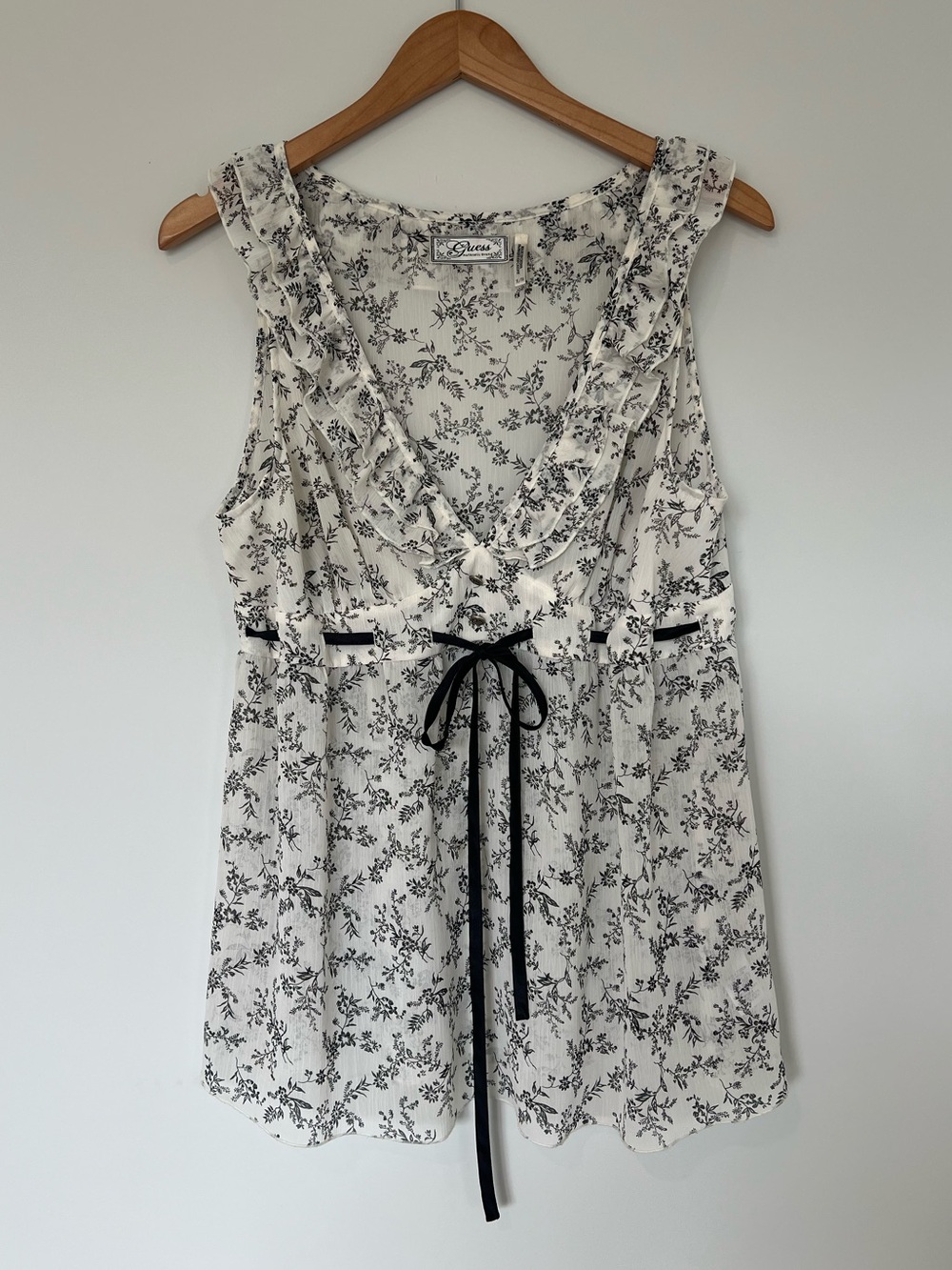 Vintage Guess Ruffled V-Neck Floral Tank with Black Tie